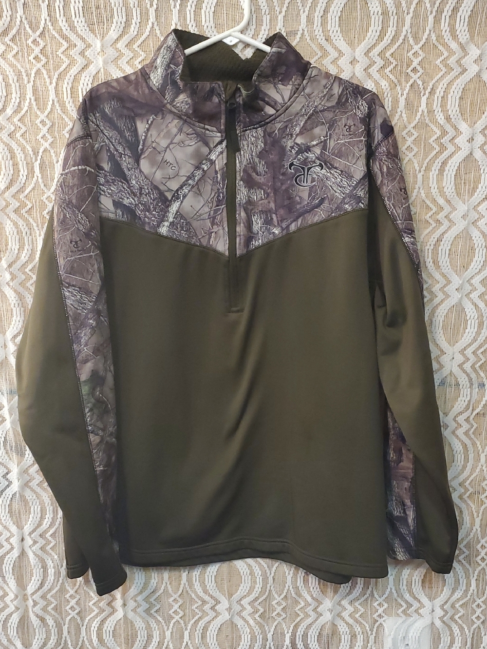 Men's Olive Green Half-Zip Hunting Pullover with Camouflage Panels